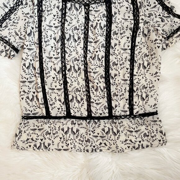 Anthropologie Meadow Rue Cream Black Faison Bird Print Short Sleeve Blouse Top - Picture 4 of 8